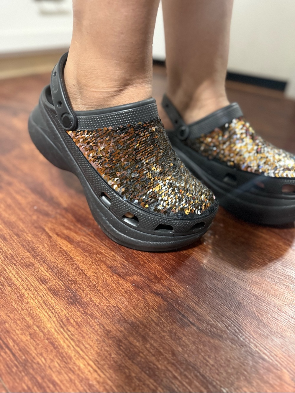 CROCS Black Platform Clogs with Gold and Brown Sequins